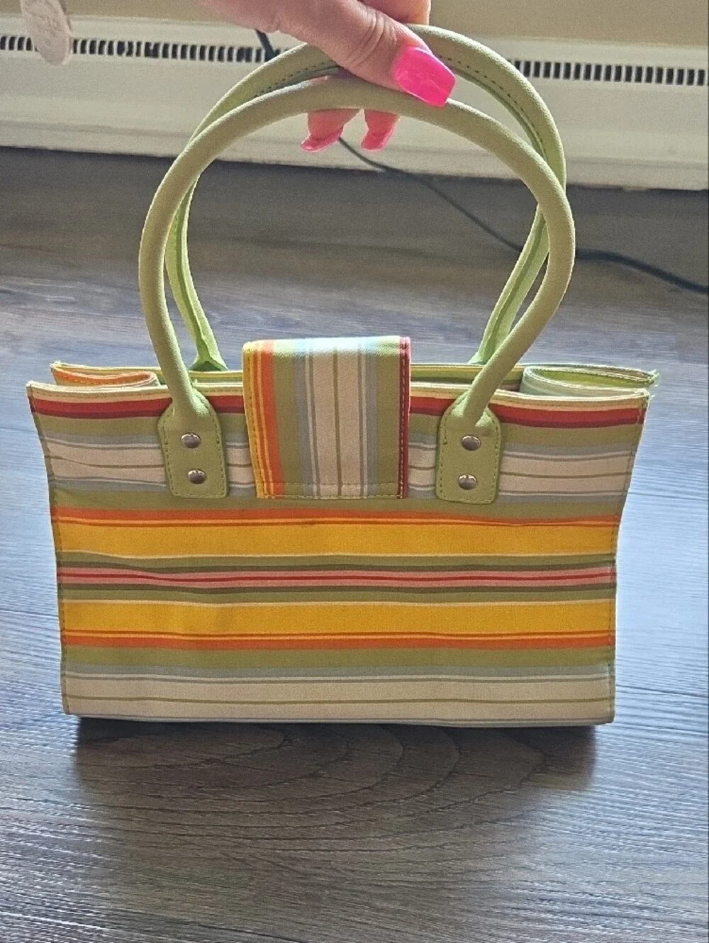 Vintage Longaberger Sisters Striped Floral Accent Purse Green Blue